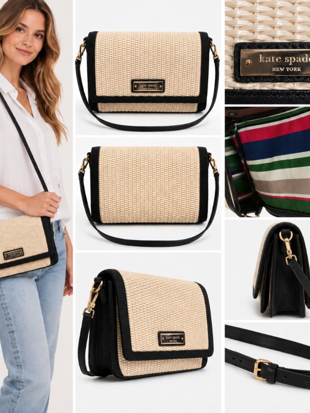 Kate Spade Woven Straw Crossbody Bag Black Trim Coastal Preppy Striped Lining